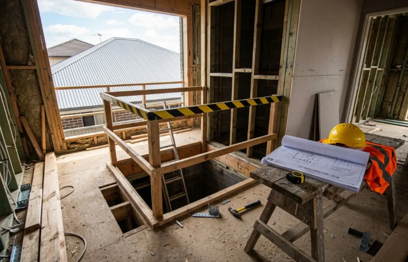 Residential construction site with a lift shaft opening marked with safety tape and building plans nearby