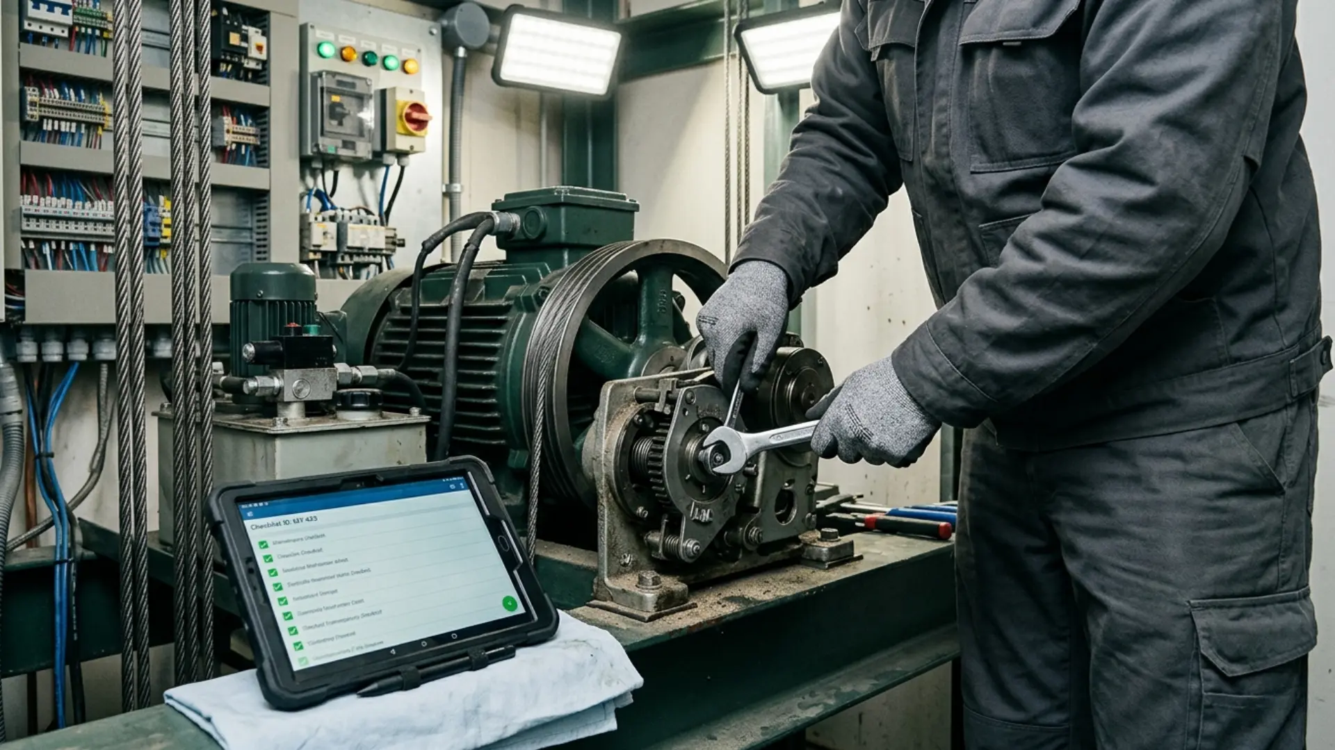 Lift technician performing routine maintenance on elevator mechanical components