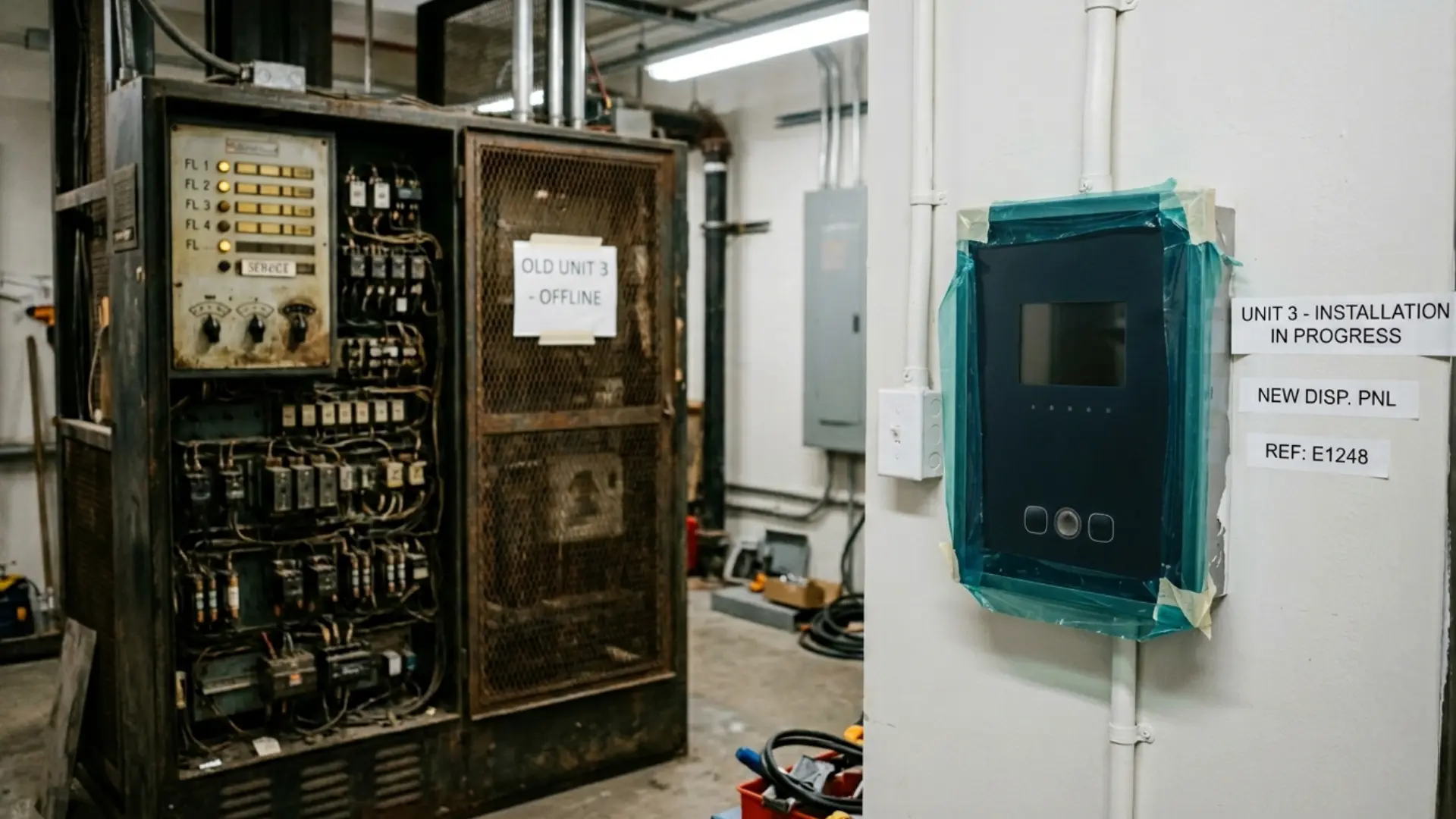 New lift control panel installed alongside older equipment during modernisation upgrade