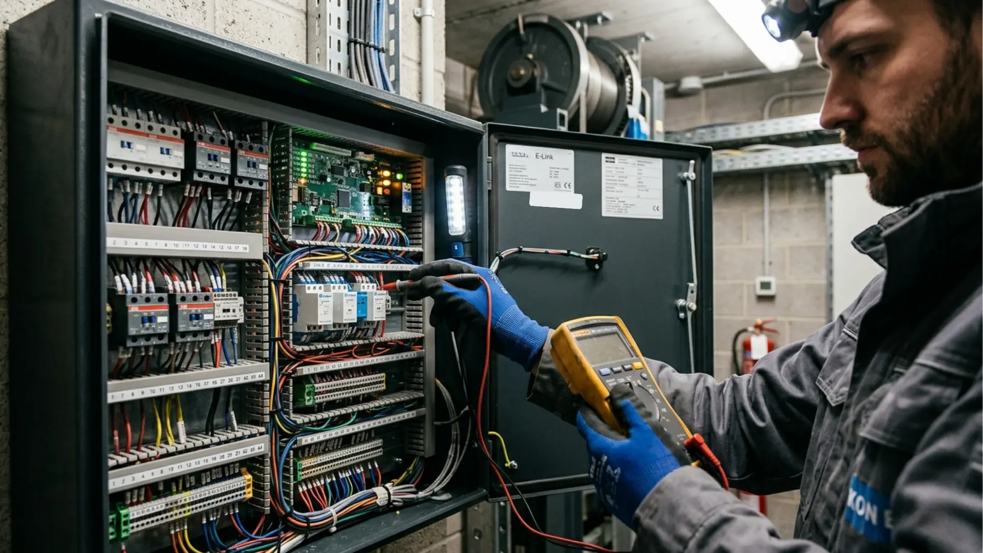 Open lift control cabinet with circuit boards and wiring during diagnostic repair