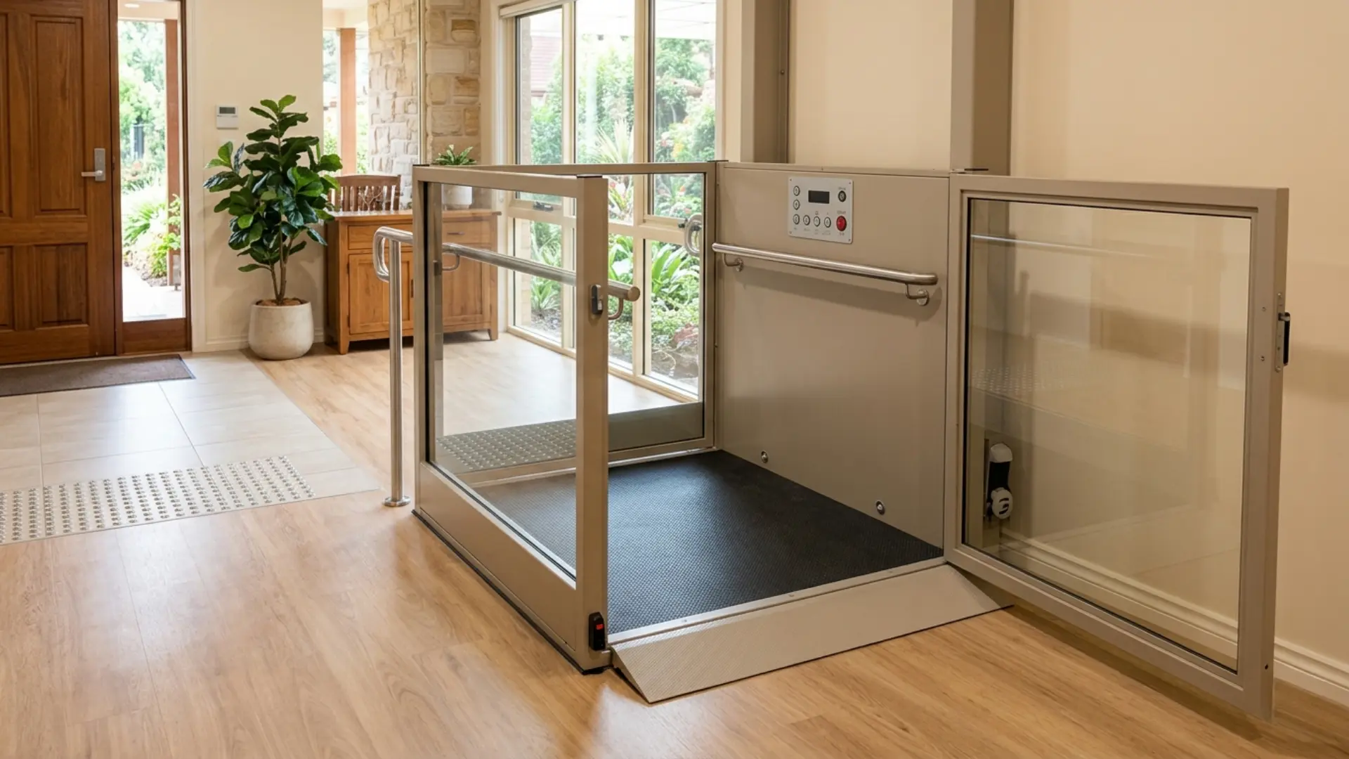Wheelchair-accessible platform lift with safety rails at a residential entrance