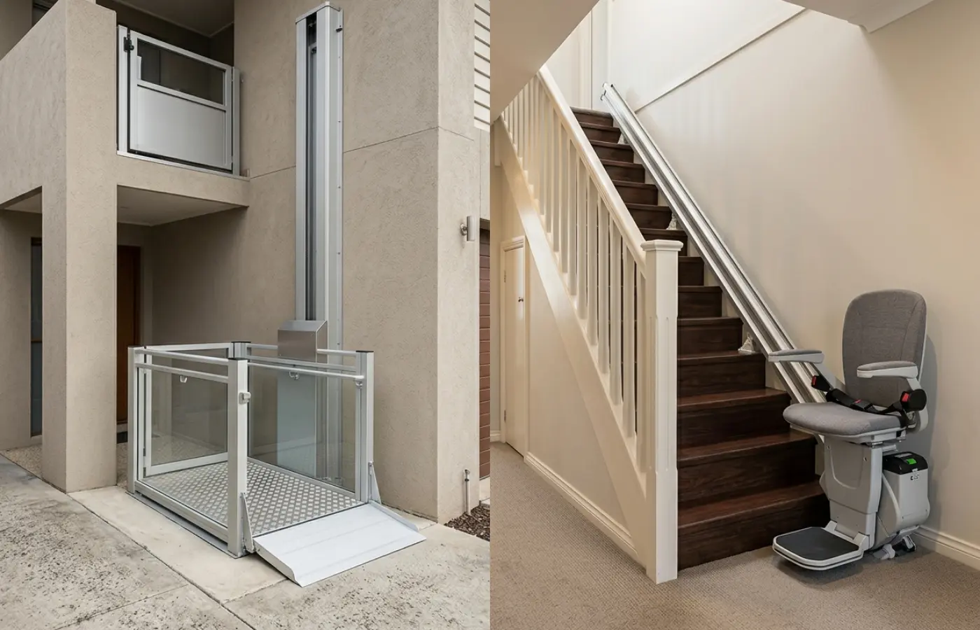 Side-by-side comparison of a vertical platform lift and a stair chairlift in residential settings