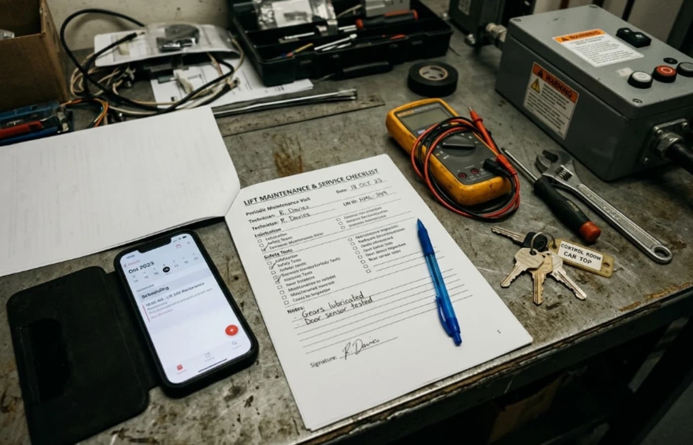 Lift maintenance inspection checklist with tools and multimeter on a machine room work surface
