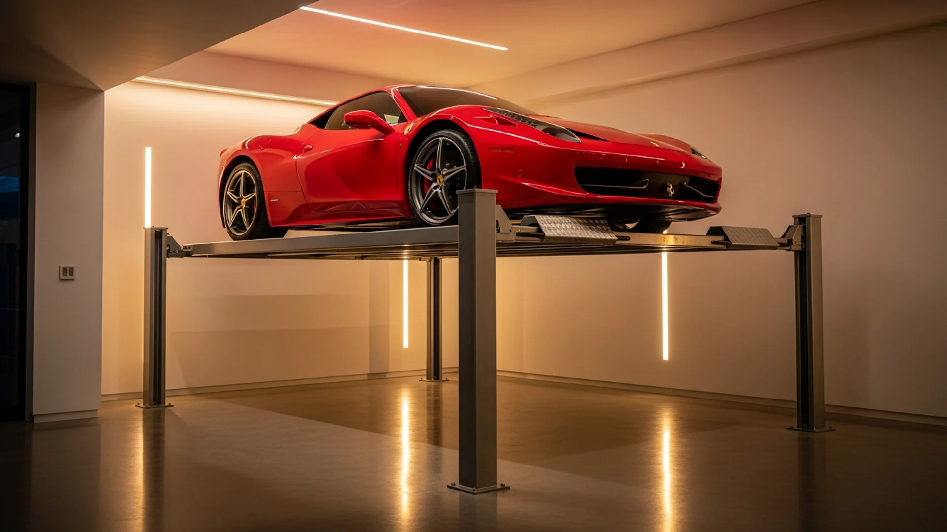 A luxury car on a brushed-steel vehicle platform lift descending into the basement garage of a contemporary Australian home