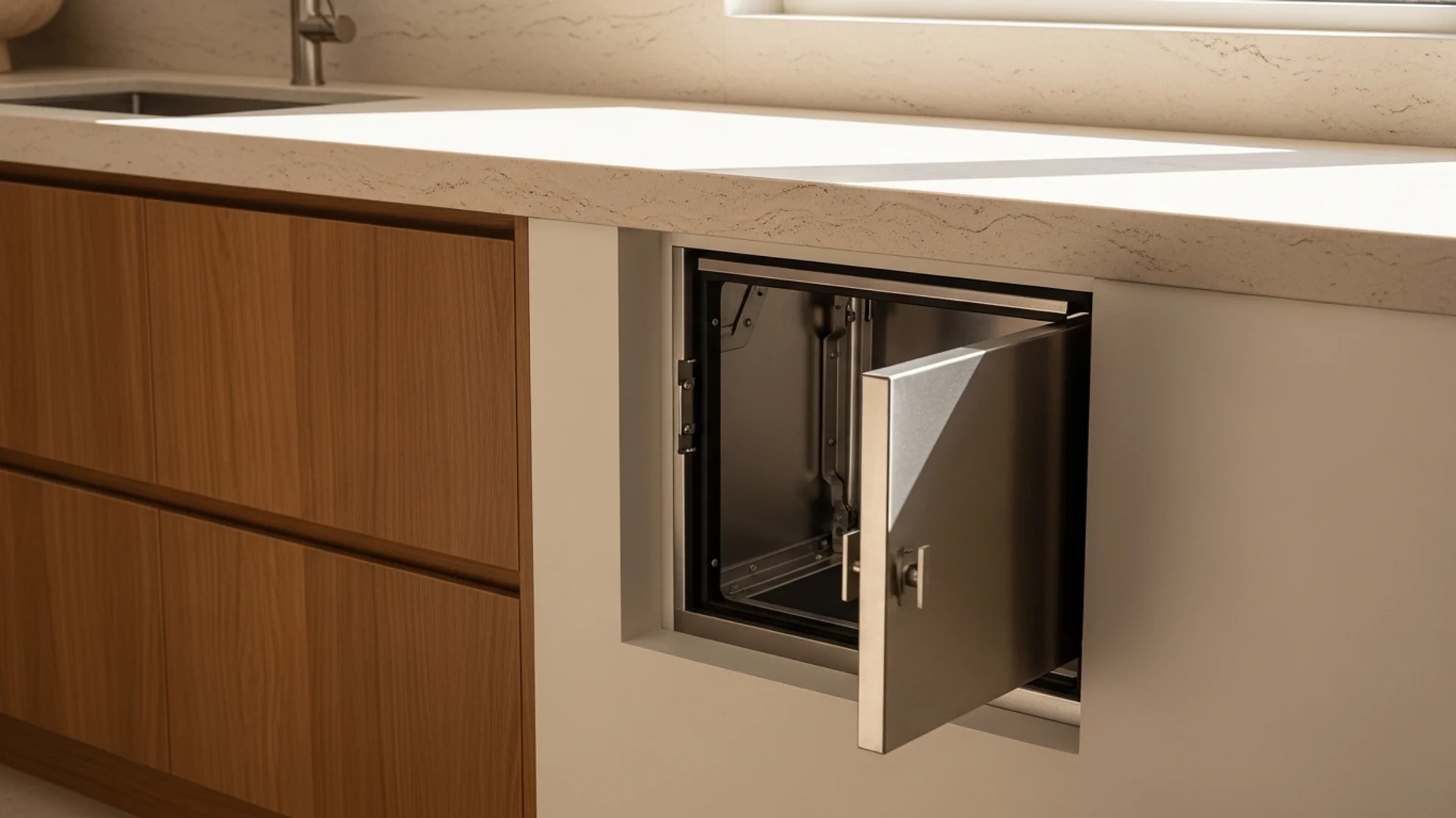 A stainless-steel dumbwaiter with its hatch open in a modern Australian home kitchen, the small cabin visible inside the wall opening beside timber cabinetry and a stone benchtop