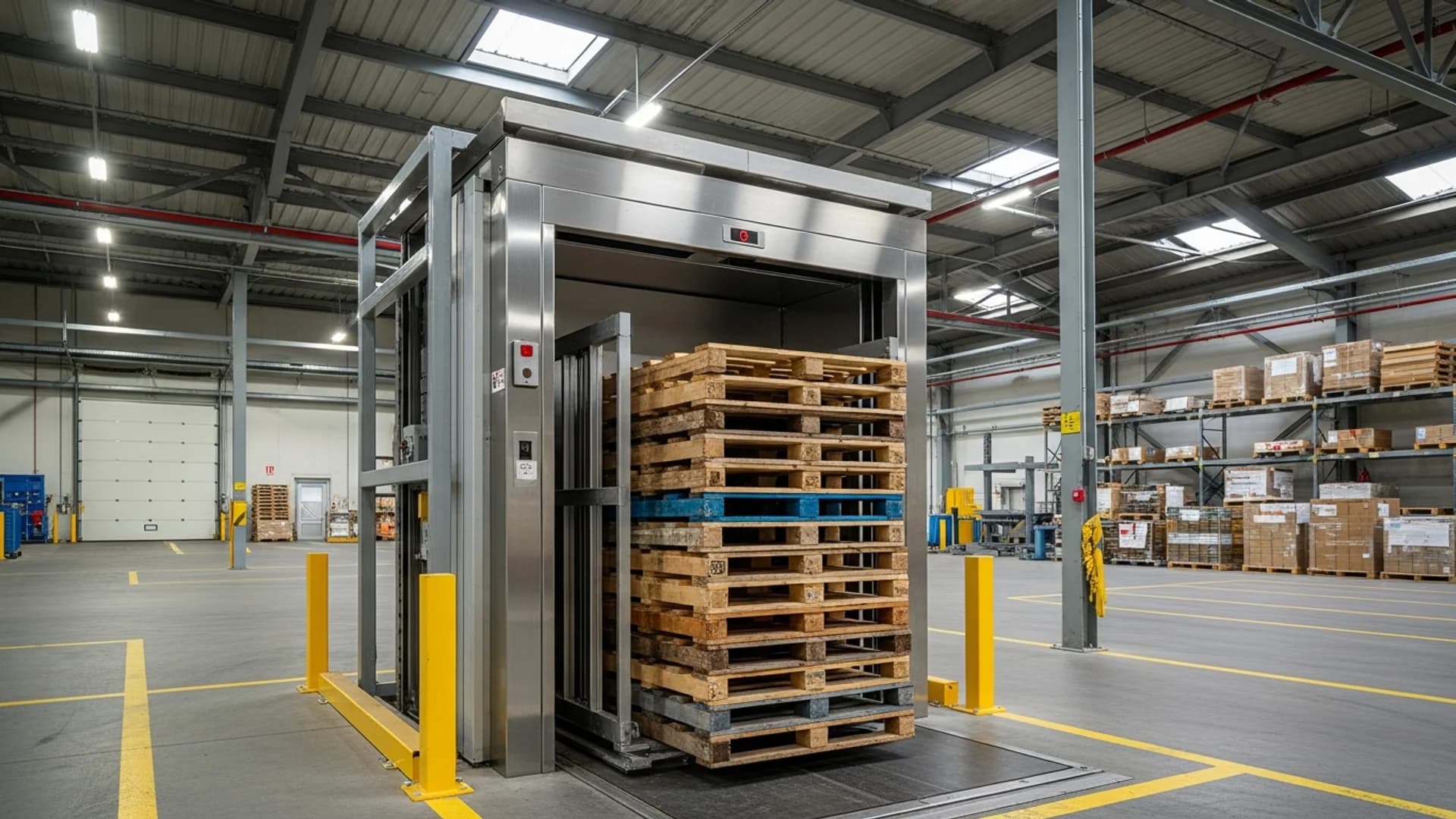 A heavy-duty stainless-steel goods lift loaded with stacked timber pallets, doors open at a concrete warehouse loading bay