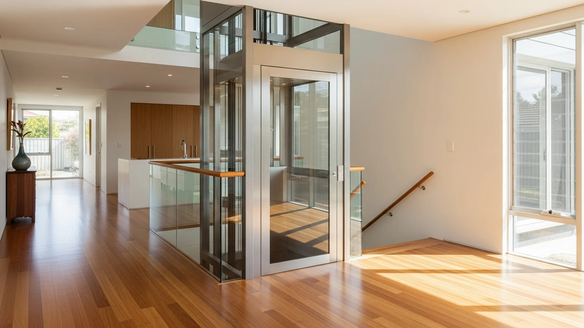 Compact brushed-steel and glass home lift connecting timber-floored levels in a bright contemporary Australian living space