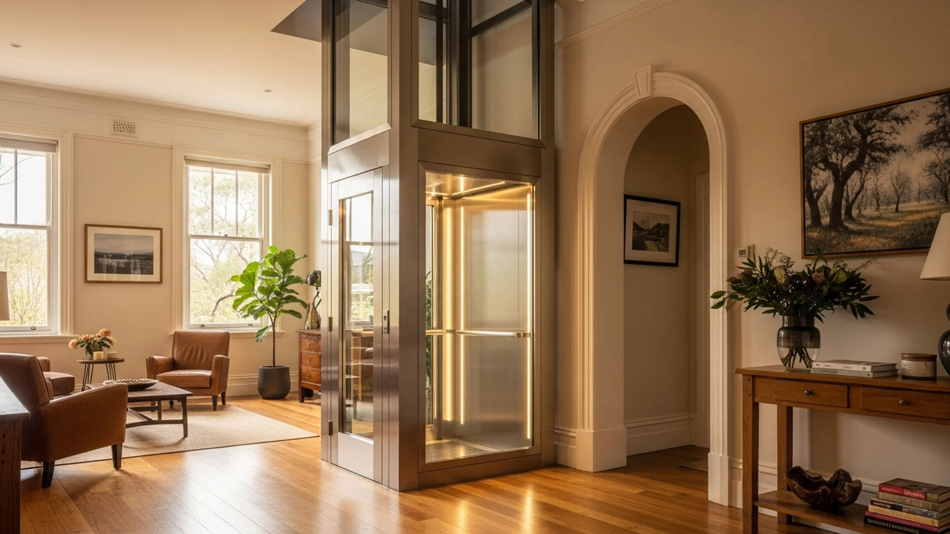 A well-kept brushed-steel and glass home lift in a lived-in established Australian home, lit by warm natural light
