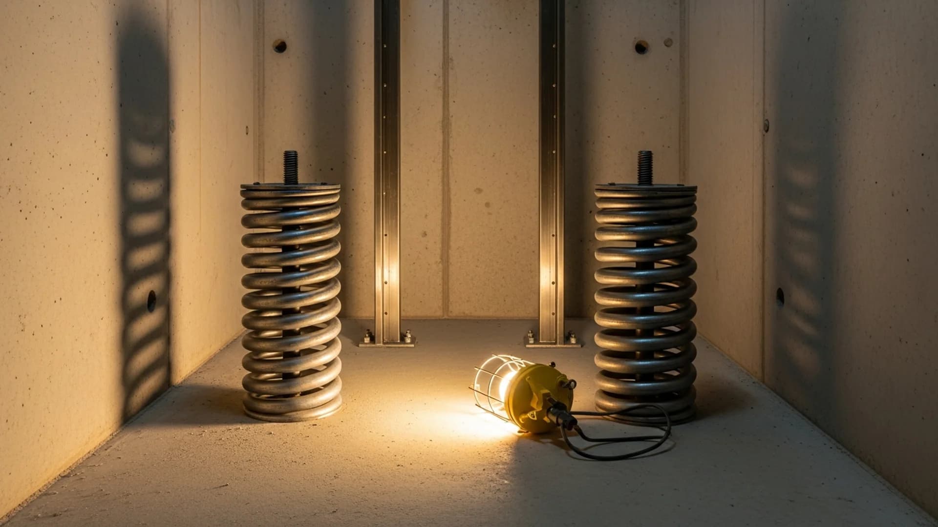 Looking down into a clean concrete lift pit with buffer springs, guide rails and the underside of the car lit by an inspection lamp