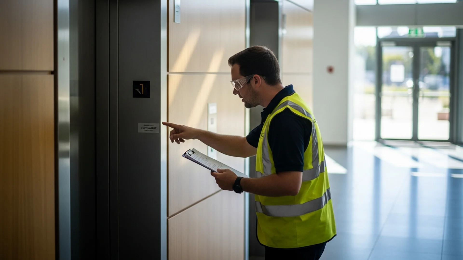 Safety inspector in hi-vis examining a passenger lift entrance during a compliance inspection in an Australian commercial building