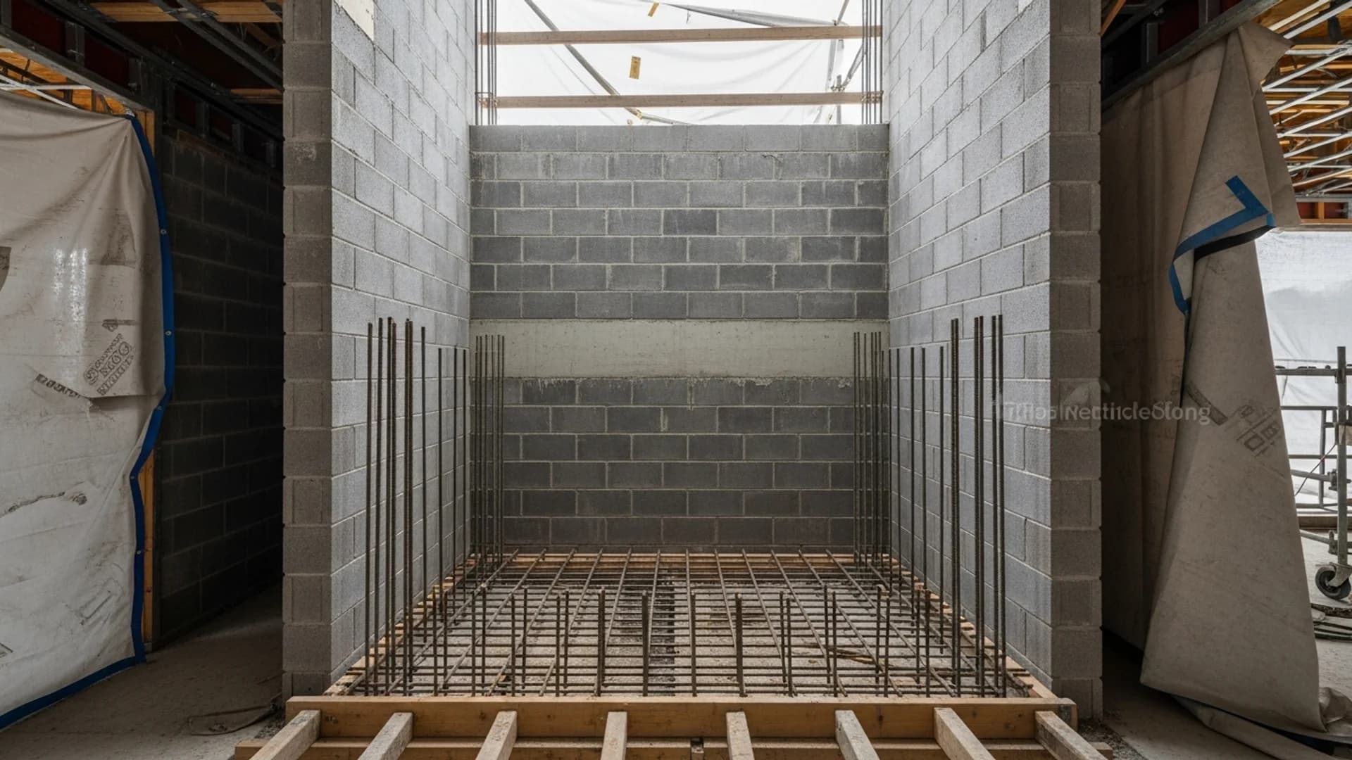 A residential lift shaft under construction inside an Australian home, grey blockwork walls rising through two levels with reo starter bars at the base