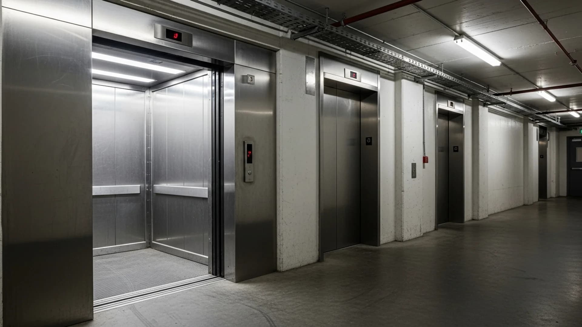 Back-of-house corridor in a commercial building with a robust stainless-steel goods lift, doors open, beside a finished passenger lift entrance under service lighting