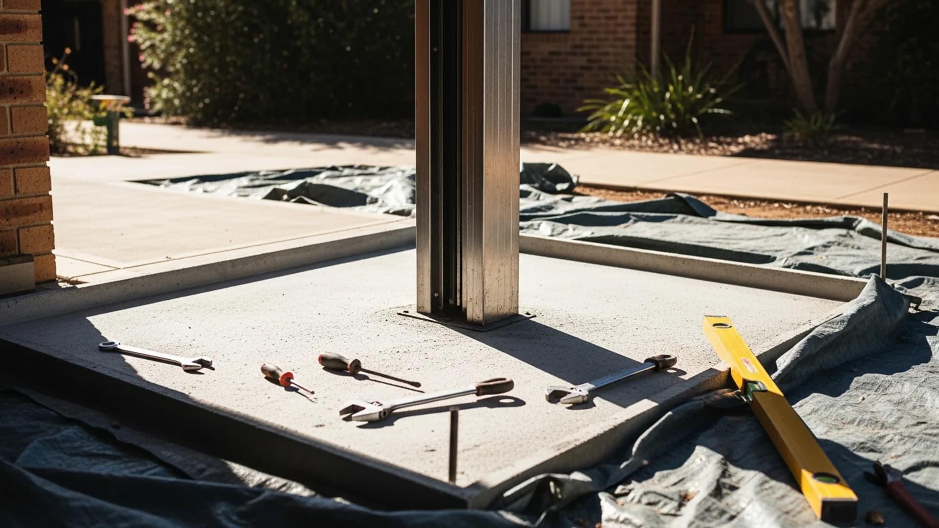 A vertical platform lift being installed at the entrance of an Australian home, with a freshly formed concrete base, the lift mast being positioned, and hand tools and a spirit level on the ground