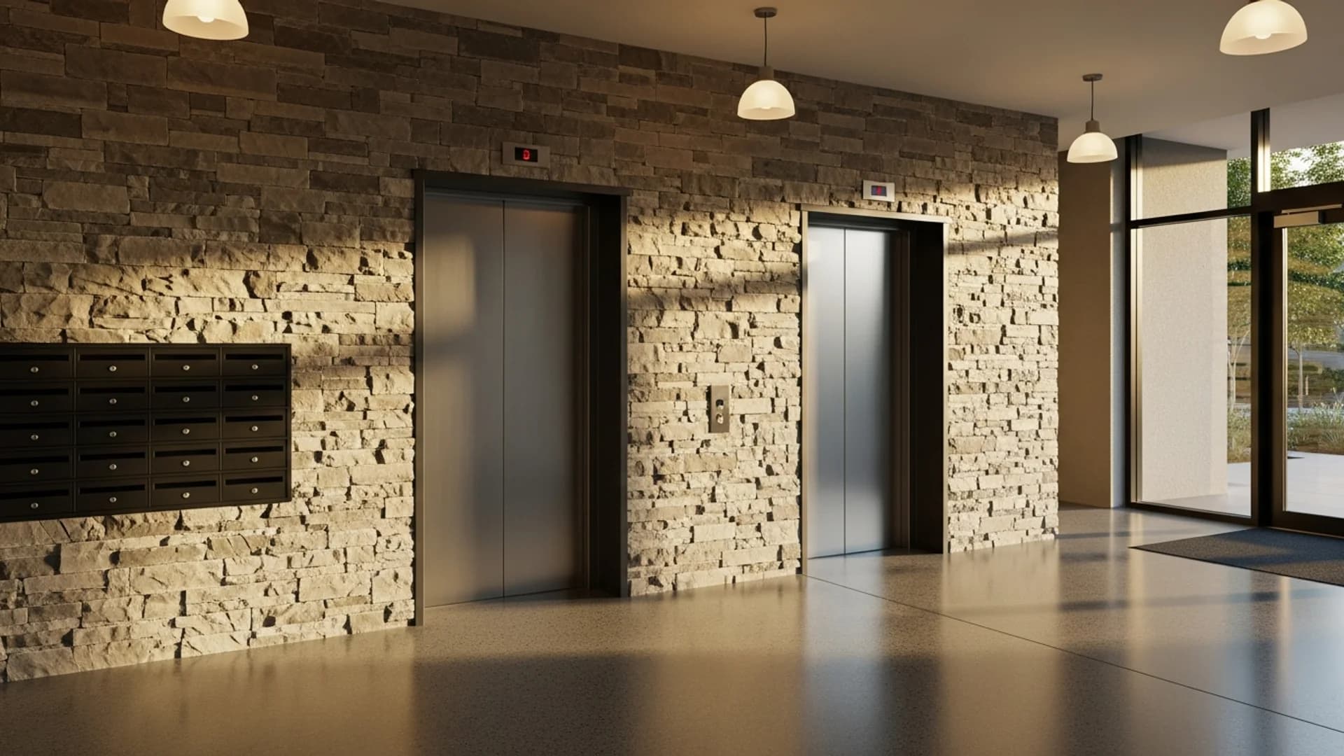 Ground-floor lift lobby of a contemporary Australian apartment building with brushed-stainless lift doors and polished concrete floor