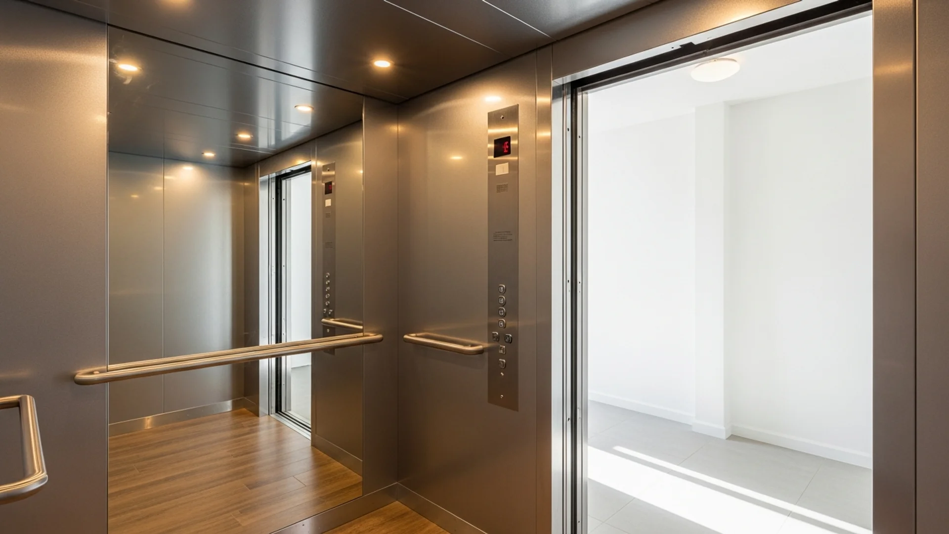 Freshly refurbished lift car interior in an Australian apartment building with brushed-stainless walls, a full-height mirror and warm LED downlights