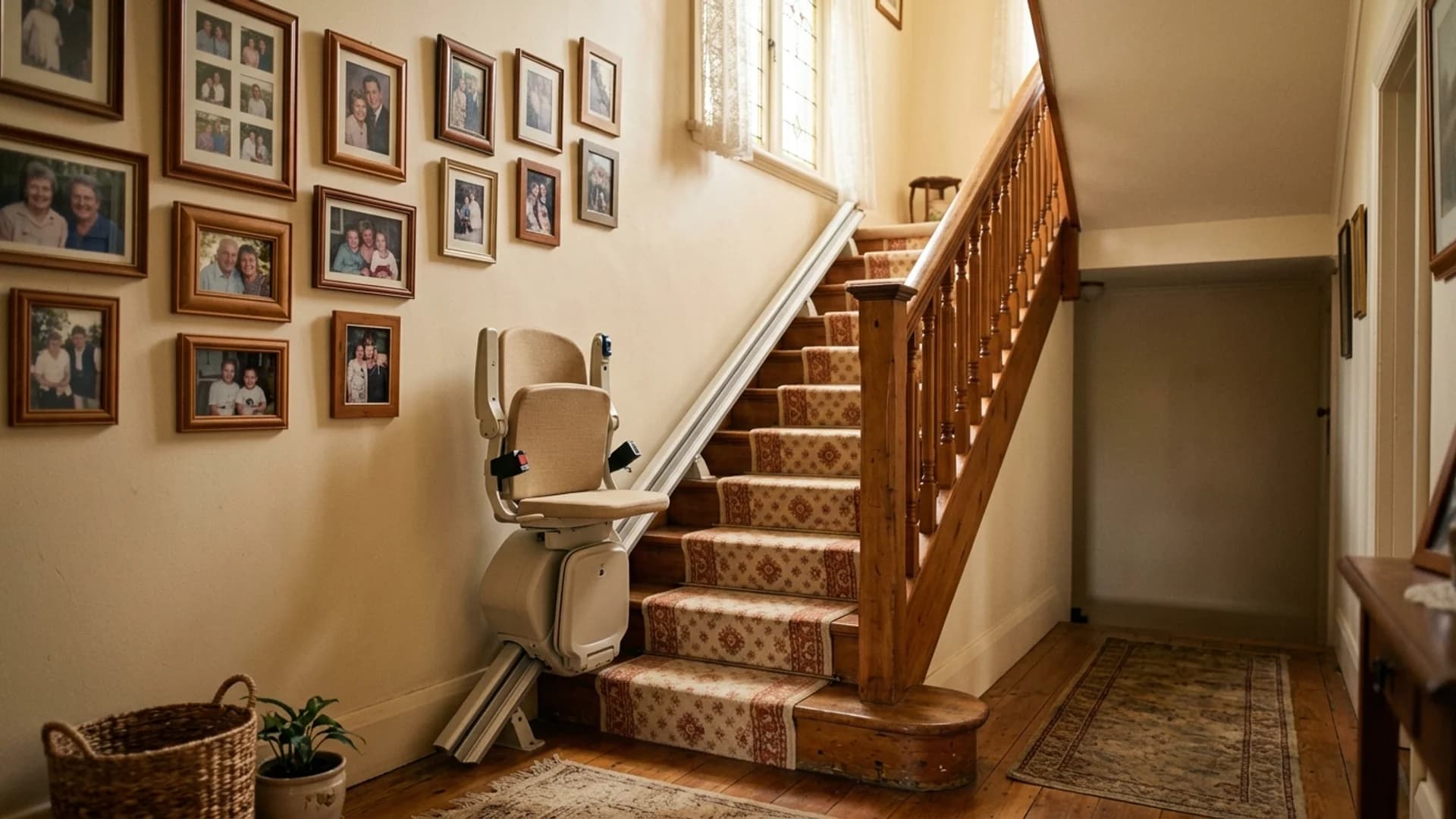 A straight stairlift on the staircase of a warm, lived-in older Australian home in soft afternoon light